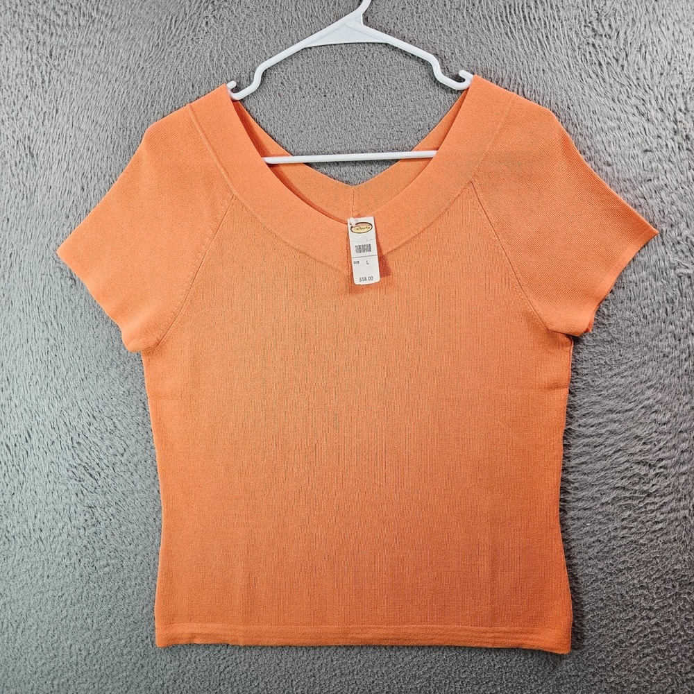 $58 NEW VTG Talbots Knit Top Women Large V-Neck Short Sleeve Stretch Orange
